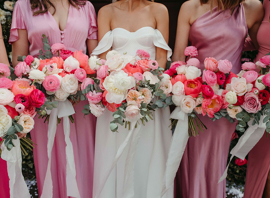 beautiful white, pastel pink and hot pink wedding bouquets
