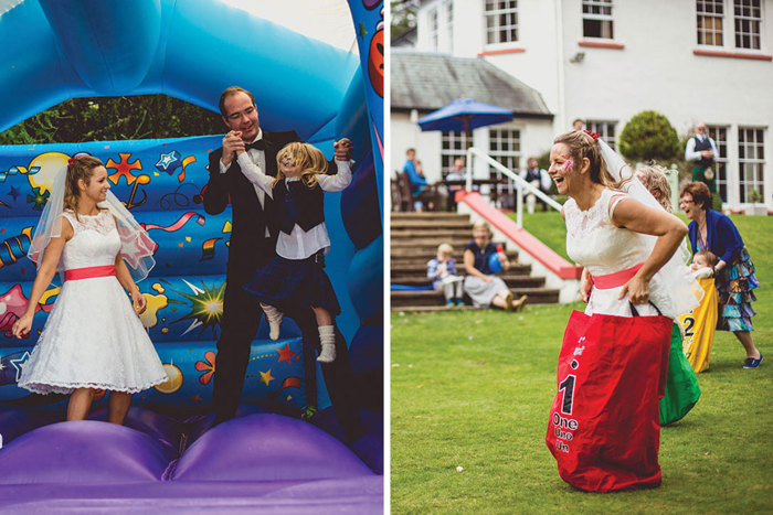 Bride and groom on bouncy castle with small child and bride partaking in outdoor games