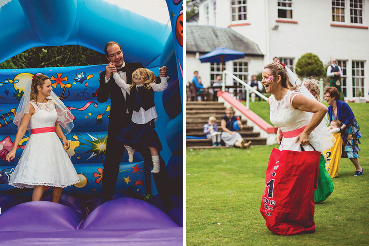 Bride and groom on bouncy castle with small child and bride partaking in outdoor games