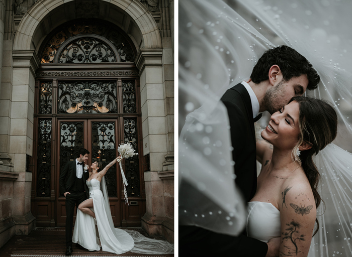 on the left a bride and groom stand together in front of a large ornate wood and glass panelled door, the bride has her arm in the air raising her white bouquet. on the right the same couple embrace underneath a pearl detailed veil