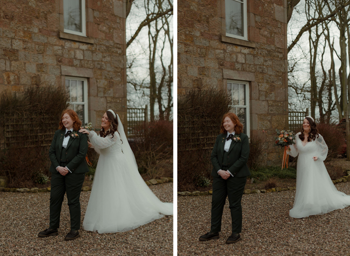 a first look of two brides outside a Georgian-style stone building