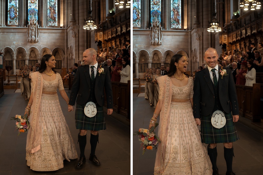 A Bride And Groom Walking Down The Aisle At A Wedding Ceremony At Glasgow University Memorial Chapel