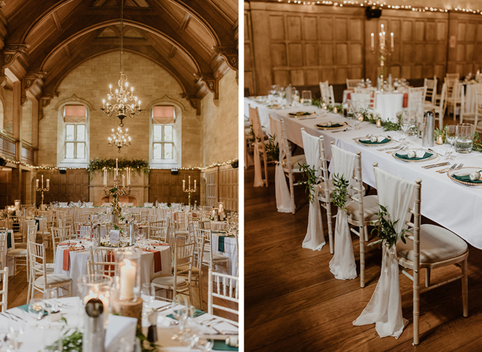 left image shows the vaulted wooden and stone ballroom at Achnagairn Castle set with round tables and tall candelabra for a wedding dinner. Right image shows a detail of chiavari chairs along a rectangular table that's been elegantly set for a wedding dinner with silver studded charger plates and green foliage garland running along table. The chairs have been draped with ivory fabric and decorated with green foliage