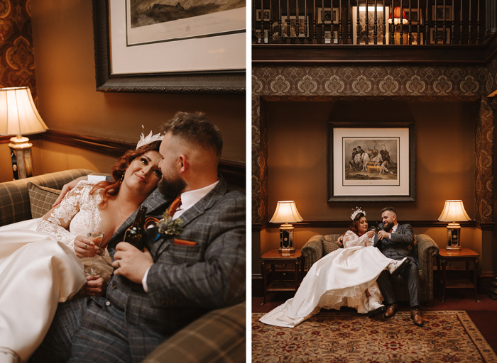 a bride and groom look lovingly at each other while sitting on a grey tartan couch
