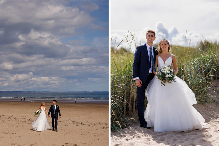 A couple celebrates their Old Course Hotel wedding day with portraits on a sandy beach under a vast sky, with one image showing them walking hand in hand along the shore, and another posing amidst the sand dunes