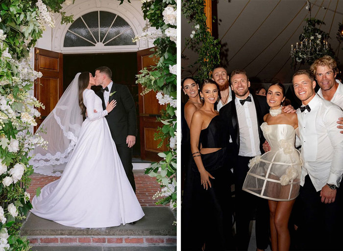 On the left a bride in a long white wedding dress kisses a groom in a black suit, on the right the same couple pose with their guests facing the camera but the bride now wears a short white dress