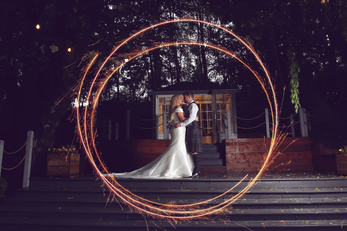 A bride and groom at night with a long exposure of a sparkler spinning around creating a circle of light around the couple