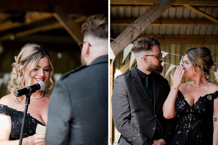 An Emotional And Smiling Bride And Groom During A Wedding Ceremony In A Wooden Shed