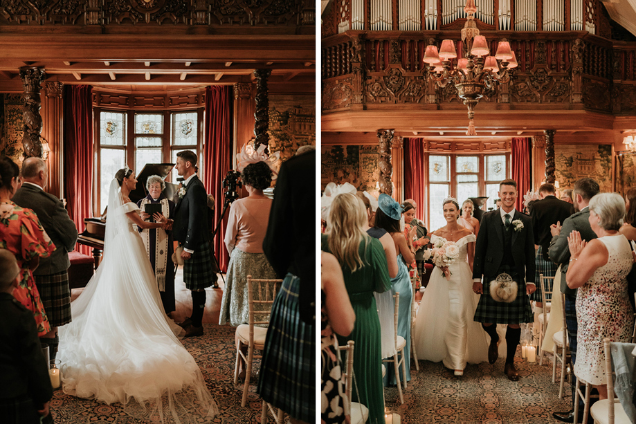 On the left. bride and groom during their ceremony in an ornate room in front of a window and piano, on the right the couple start walking down the aisle  