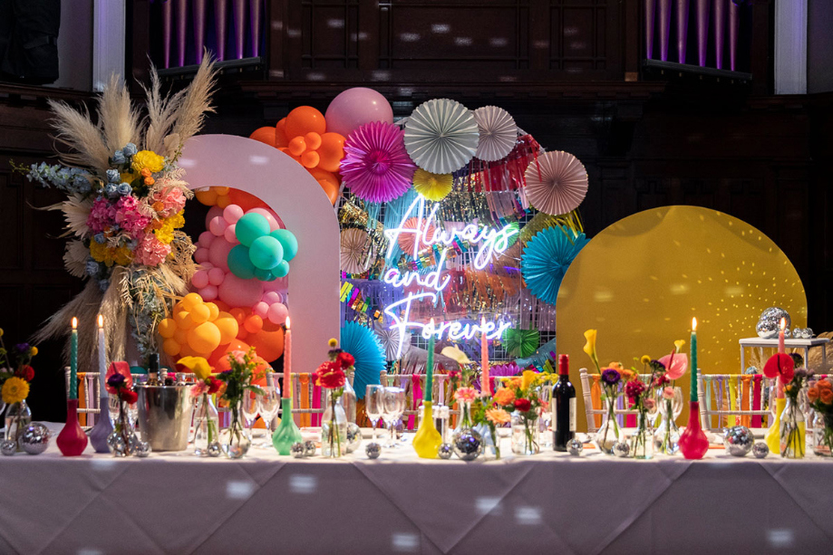 Colourful neon wedding set up at St Lukes