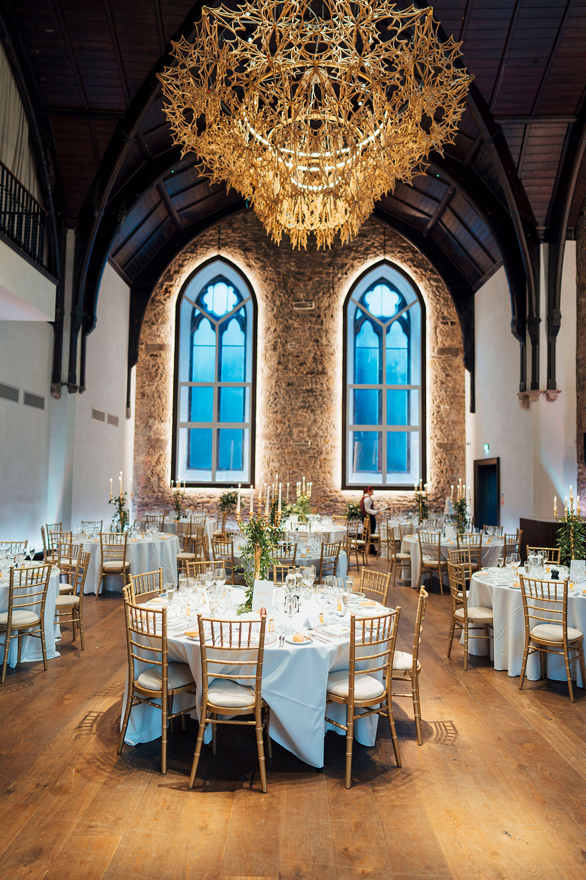 dinner room set up during wedding at Virgin Hotels Edinburgh