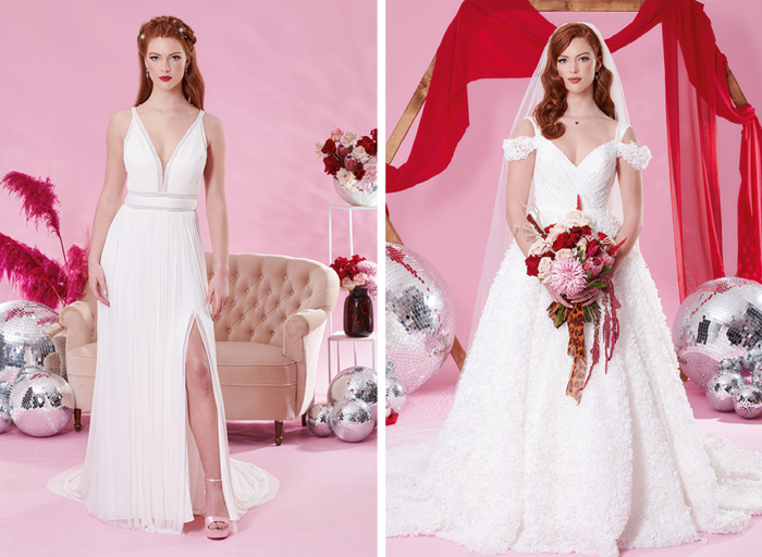 A bride wearing two styles of wedding dresses