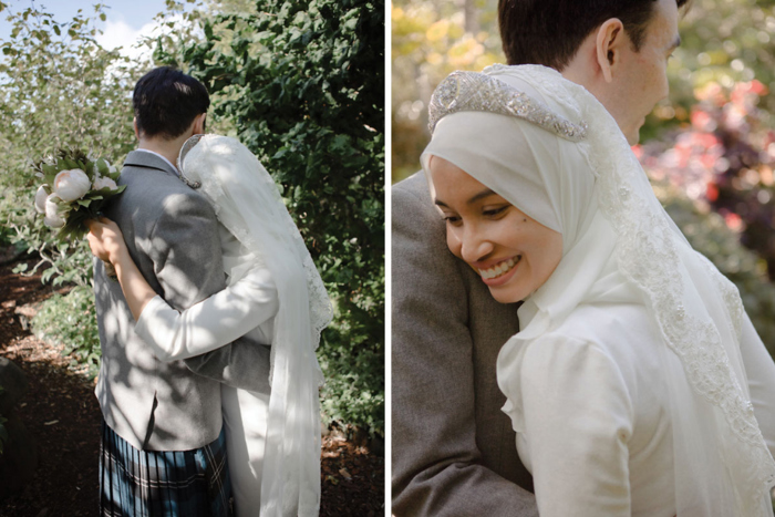 A Bride And Groom Hugging At Inverness Botanic Gardens