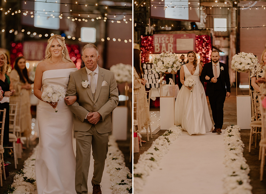 A smiling bride walks down a flower-lined aisle on the arm of a man wearing a dark ivory suit on left. A smiling bride walks down a flower-lined aisle on the arm of a man wearing a black suit on left.