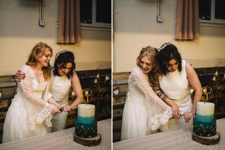 Brides Cutting A Blue Wedding Cake