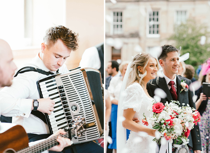 on the left a close up of a man playing an accordion, on the right a bride and groom smile for a photograph