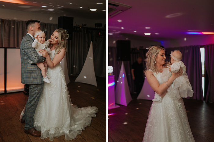 A Bride And Groom Dance With Their Daughter On A Function Room Dancefloor