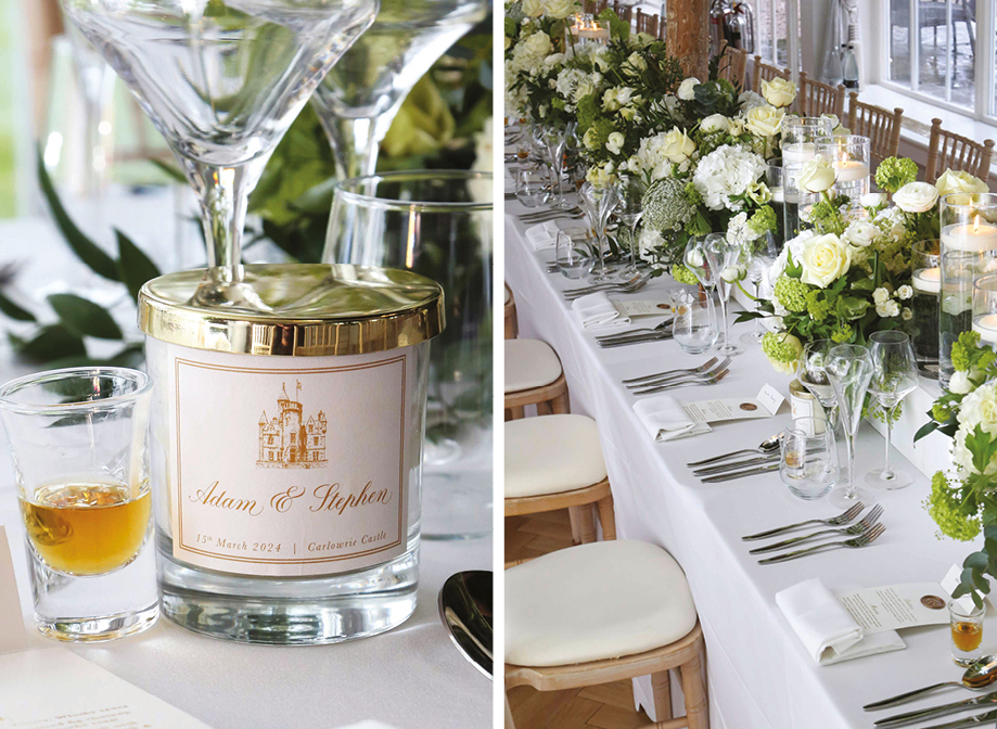 Left image shows a close up of a candle with gold lid and personalised label with gold script font and image of Carlowrie Castle. Right image shows a detail of a table setting with abundant green and white flower arrangements running up the middle. There are candles floating in tall glass vases amid the flowers. The table is set with cutlery, napkins and wedding menus and there are rows of chiavari chairs either side of the table