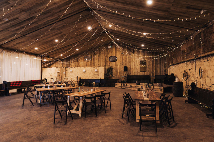 Interior of venue with canopy of fairylights from ceiling