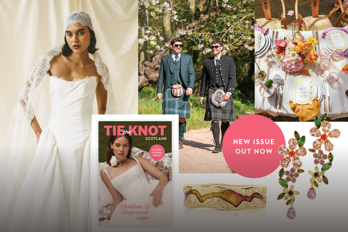 Collage promoting the latest issue of Tie the Knot Scotland featuring a bridal fashion portrait with lace veil, two grooms in kilts outdoors, colourful wedding tablescape styling, floral gemstone earrings, a textured wedding ring and the magazine cover with “Outdoor & elopement issue” text
