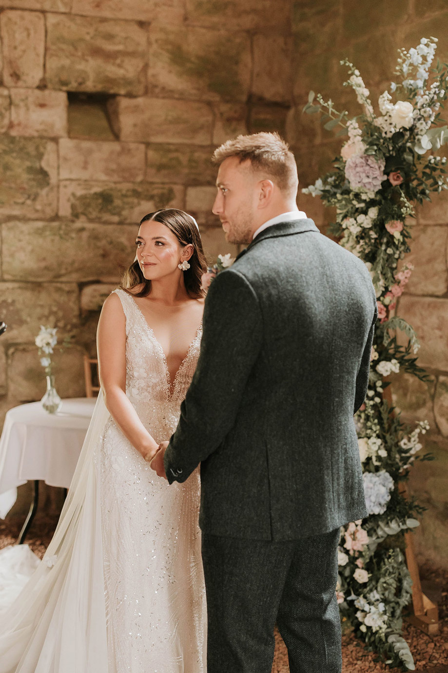 wedding ceremony of bride and groom at Dunglass Estate