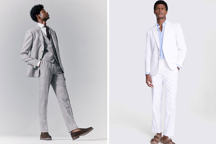 a person wearing a grey check tweed wedding suit on left and a person wearing a white linen suit with blue shirt on right