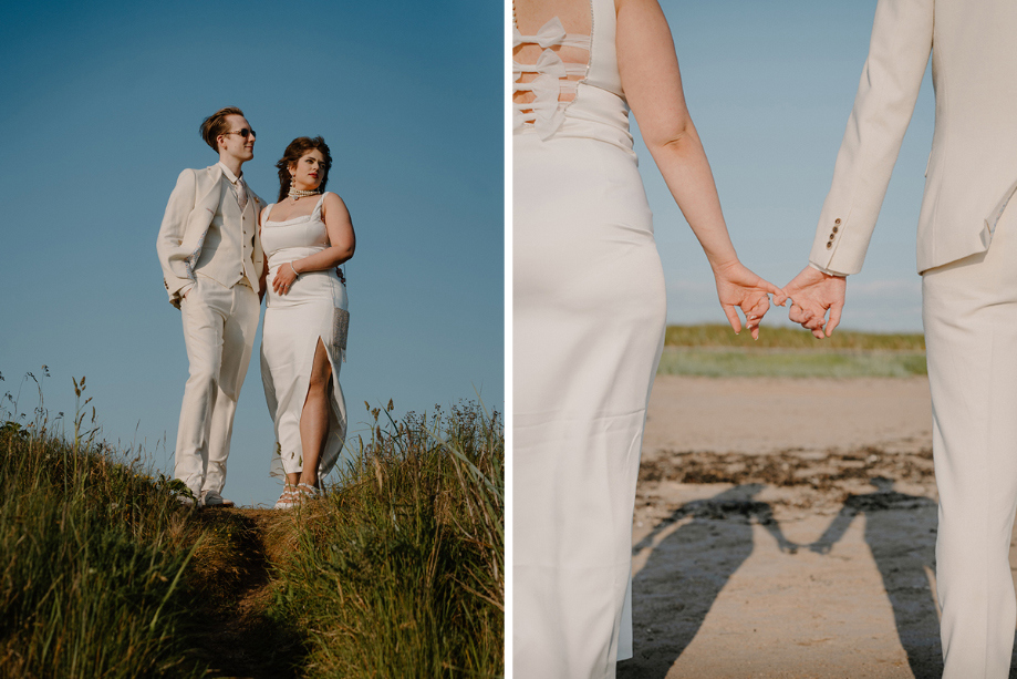 Bride and groom make pinky promise during couple portraits on Troon Beach