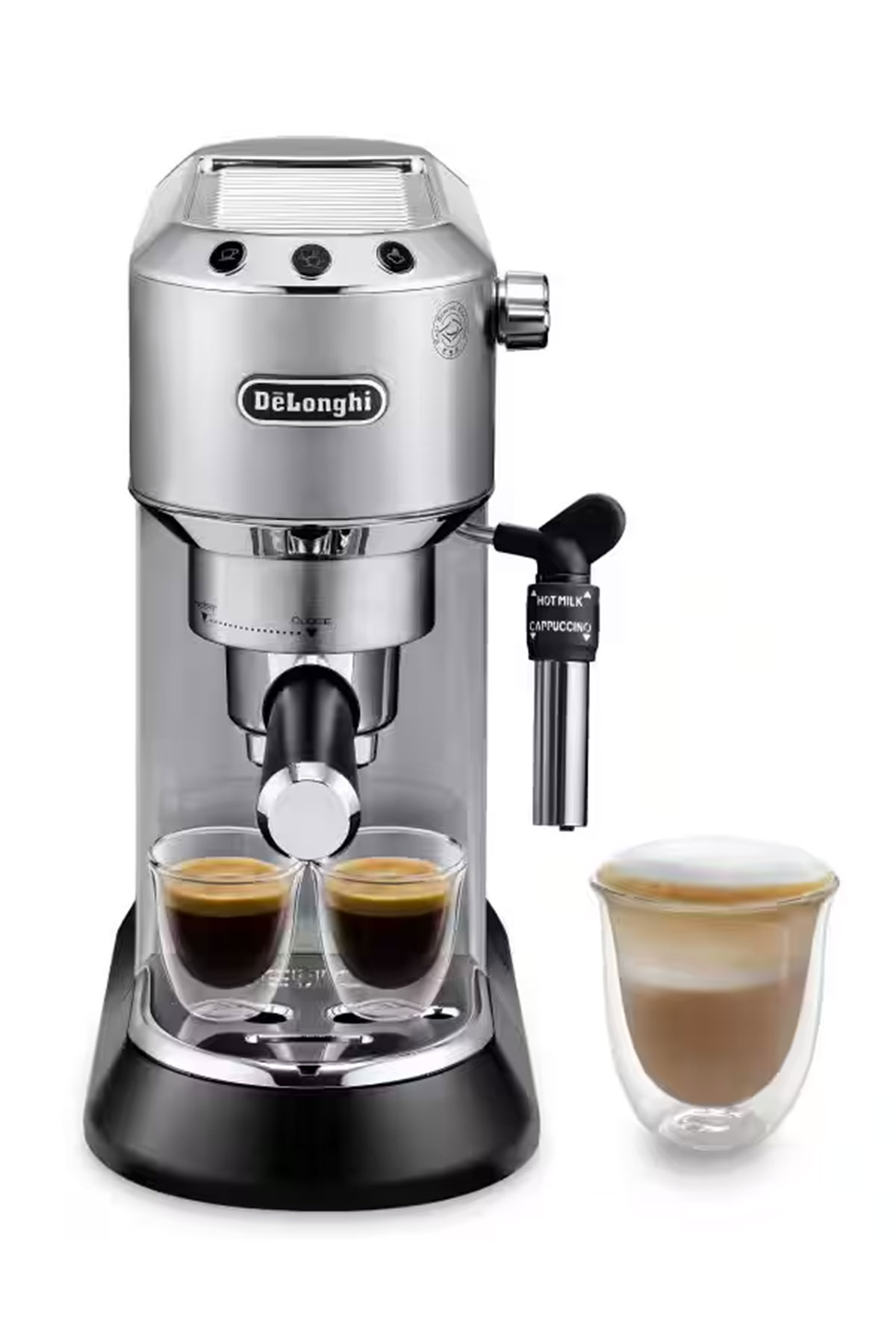 De’Longhi Dedica Style espresso coffee machine in silver making coffee, a practical wedding gift for coffee-loving newlyweds