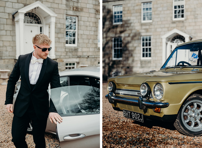 a groom wearing a tuxedo with white bow tie on left closing a car door. Detail of bonnet of vintage gold car outside House of Elrick on right