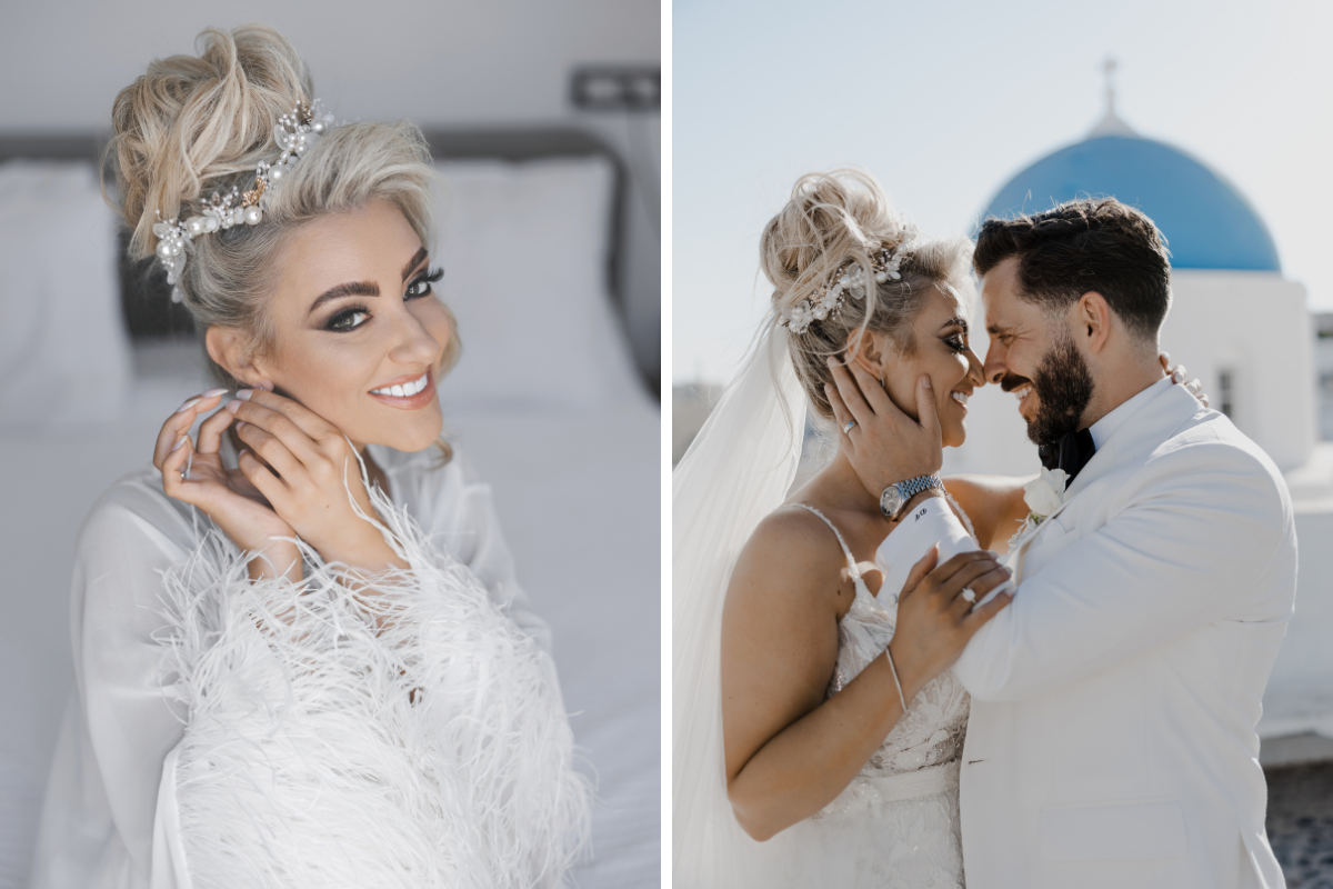 bride smiling in white robe with feathers putting earring in, bride and groom embracing and smiling in front of white and blue Greek building