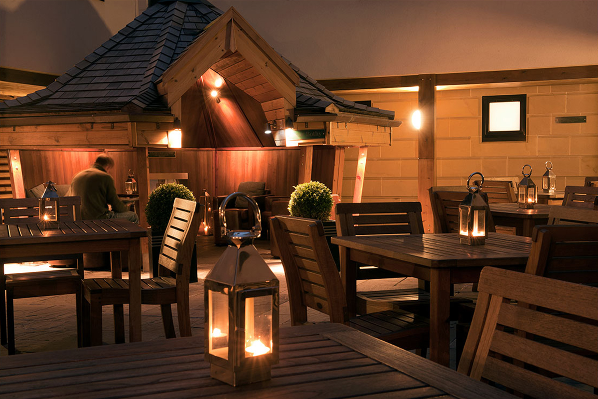 Cosy outdoor courtyard at Hotel du Vin Edinburgh with wooden seating, lanterns and warm evening lighting