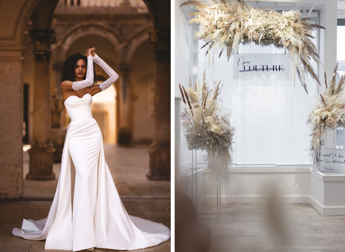 Model wearing a strapless mermaid wedding dress with detachable sleeves and a view of Opus Couture's store window complete with dried florals