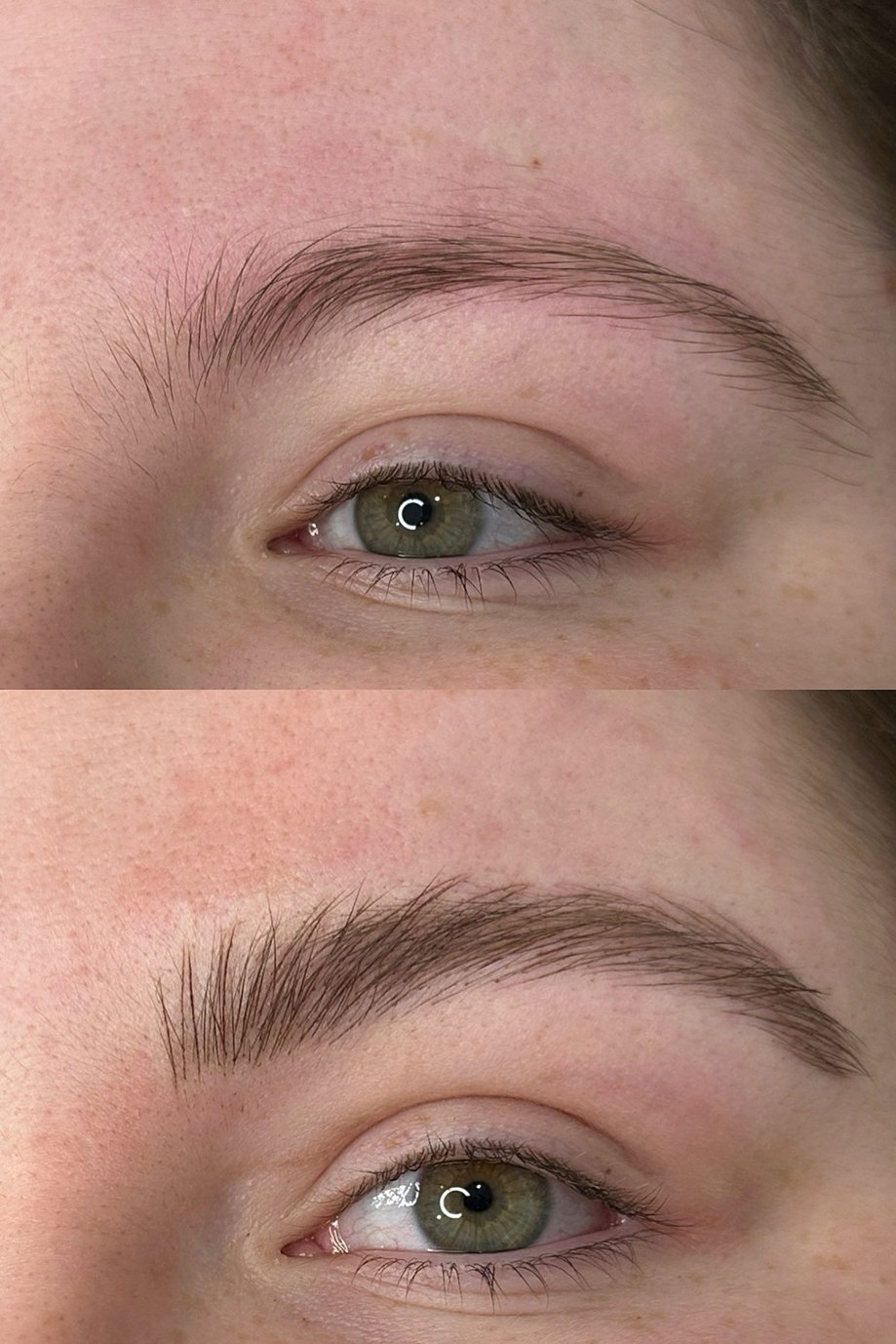 before and after views, top and bottom, of microbladed eyebrows