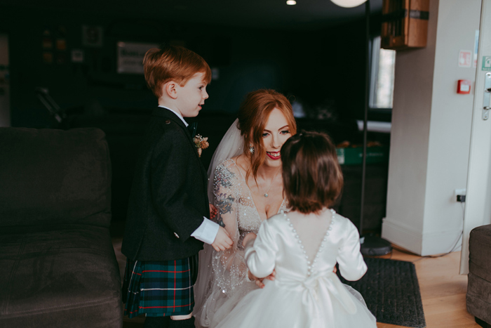Bride with her children before the wedding ceremony