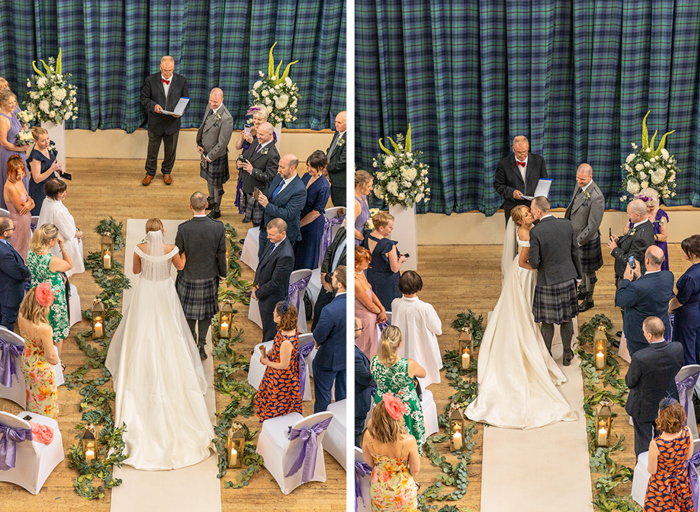 A bride walking up an aisle and being given away by her father at the top of the aisle