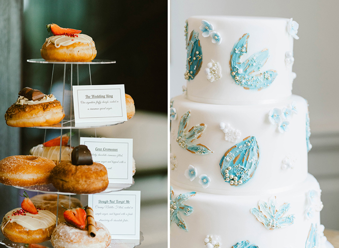 on the left a selection of doughnuts with different toppings on a cake stand, on the right a three tier white cake with blue floral designs 