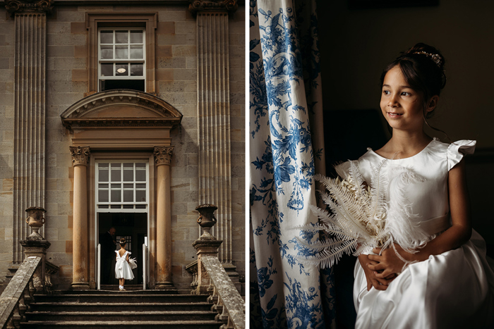 A Young Child Entering Doorway At Auchinleck House On Left And Young Girl Posing Holding A White Feathery Bouquet