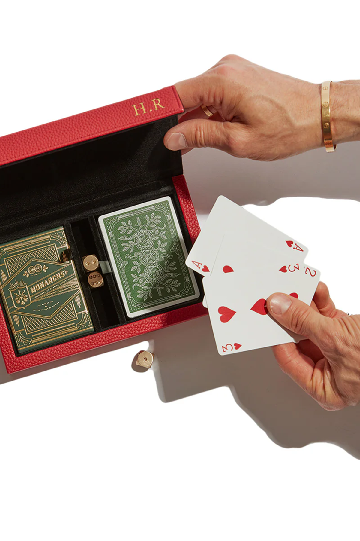 Personalised red leather games set with playing cards and dice, a stylish wedding gift for couples who love games nights
