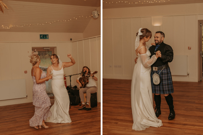 Bride dances with guest and groom
