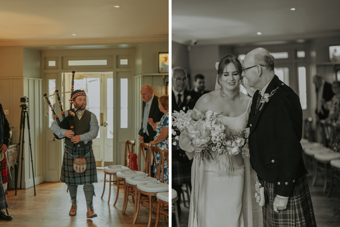 Image of a bagpiper and one of bride and her father