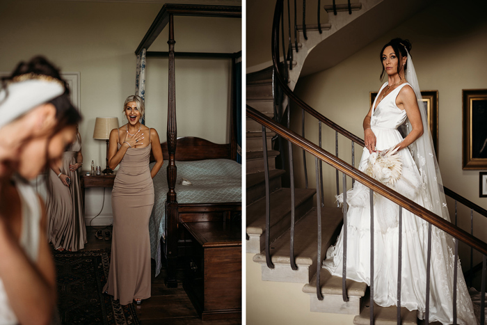 A Person Wearing A Beige Dress Looking Surprised And Bride Wearing White V Neck Dress Standing On A Set Of Stairs