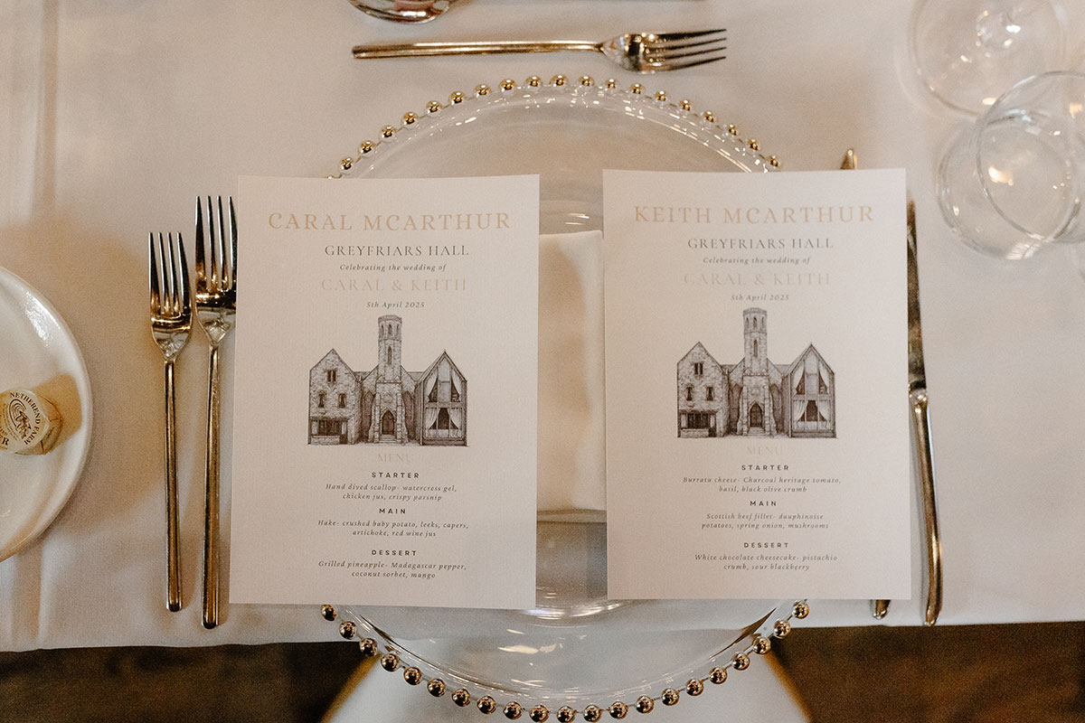 Elegant illustrated wedding menu for Greyfriars Hall at Virgin Hotels Edinburgh, printed with the names Caral and Keith McArthur.