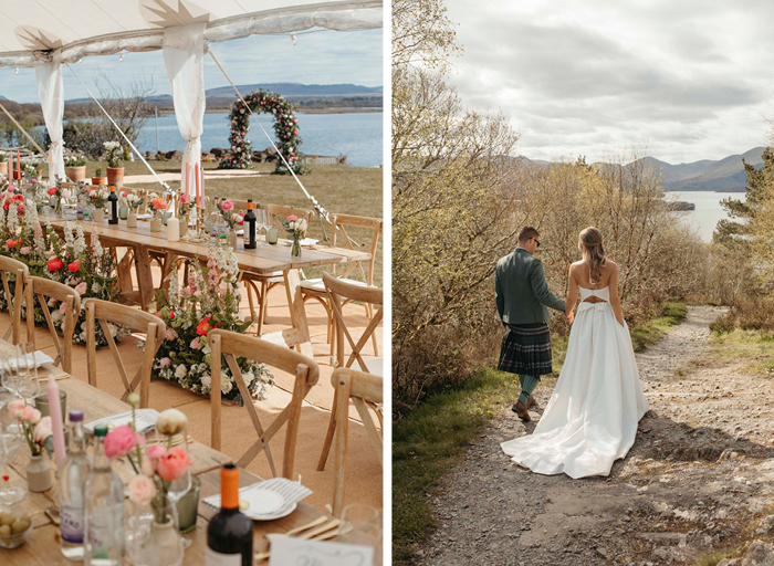 a marquee set for a wedding with long wooden tables and crossback chairs on left. The back of a bride and groom walking on a rough path in the countryside with lake and hills in the distance