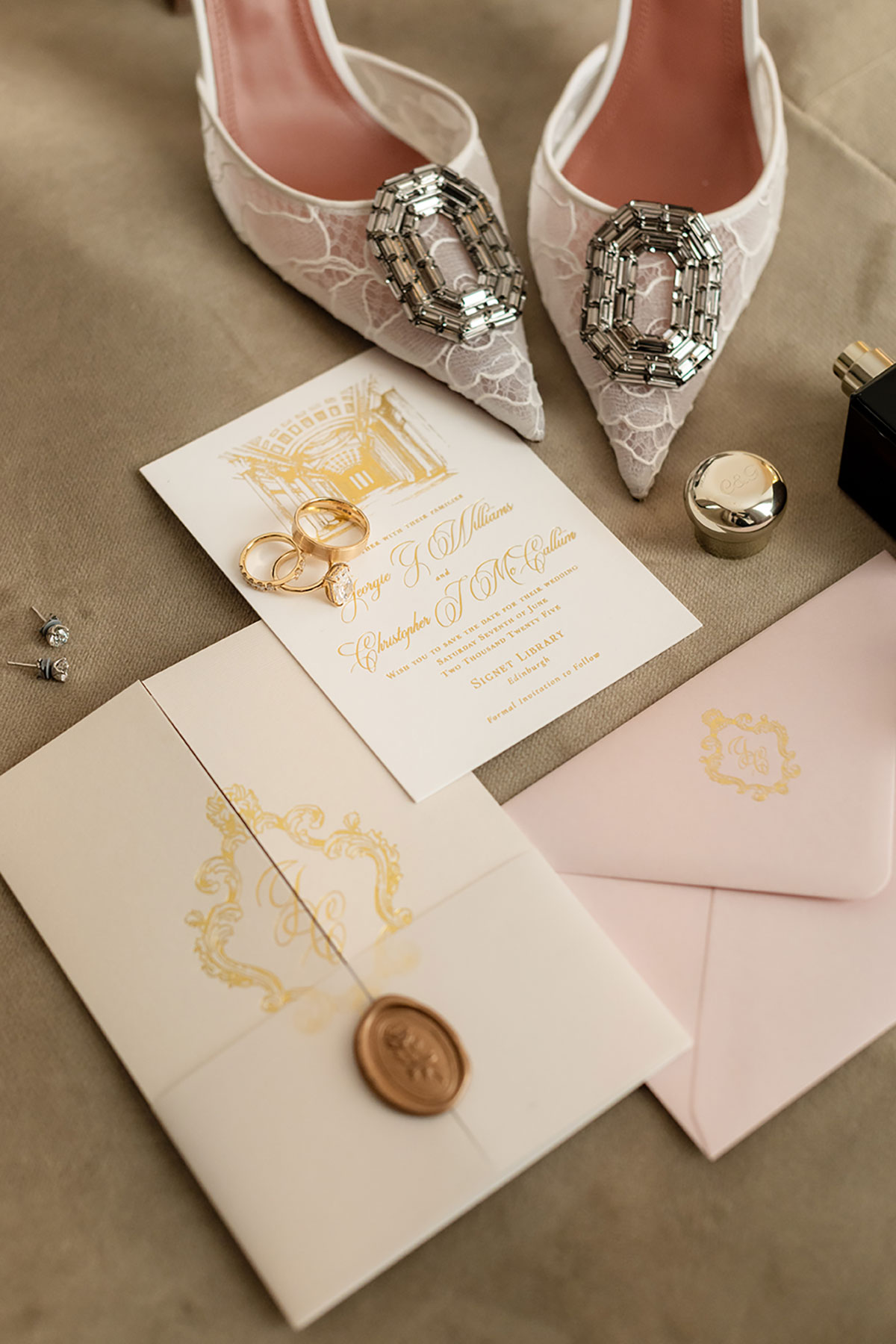 Flat lay of bridal shoes and stationery at The Signet Library, Edinburgh wedding