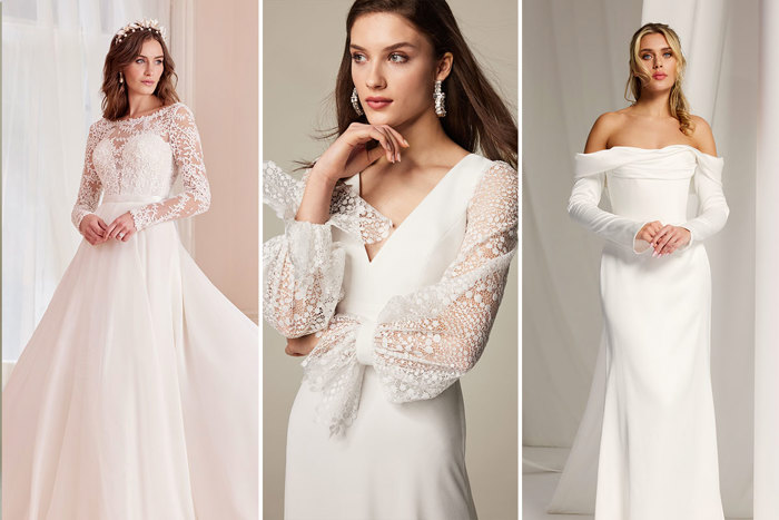 Three wedding dresses styled by three different models all featuring sleeves 