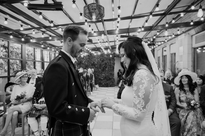 Black and white image of the couple during their ceremony