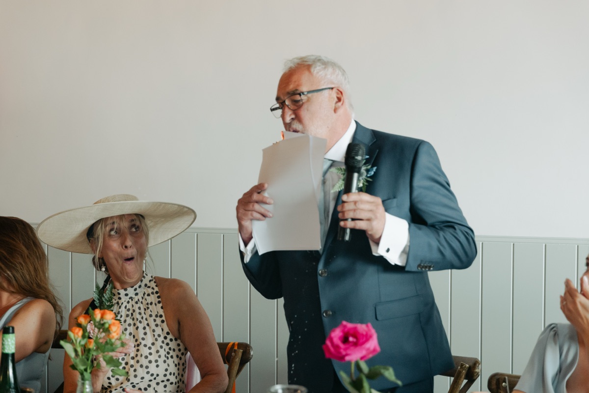 Father of the bride accidentally sets his speech on fire during the wedding reception at The Dougarie Boathouse on Arran.