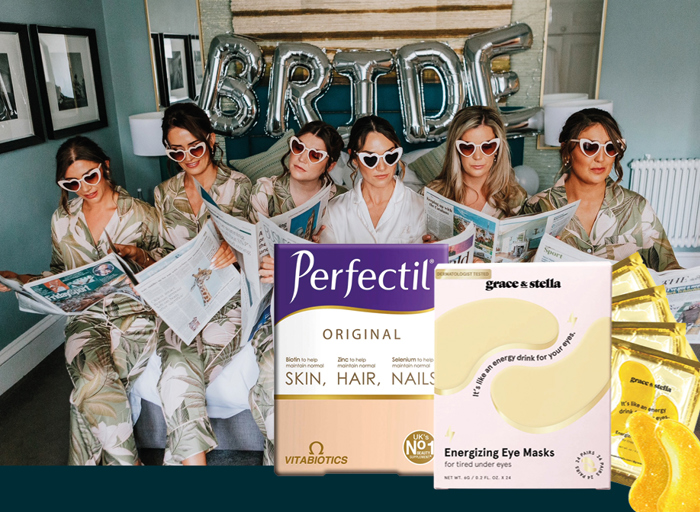 a bride and her bridesmaids in pajamas and sunglasses while reading newspapers with three different beauty products placed on top of photo