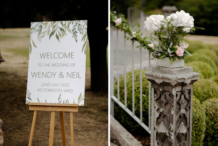 Wedding details including welcome sign and flowers