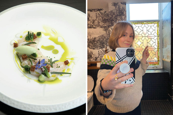 A Plate Of Food At Hotel Du Vin Glasgow on left And Beth Forsyth Pointing At A Stained Glass Window on right